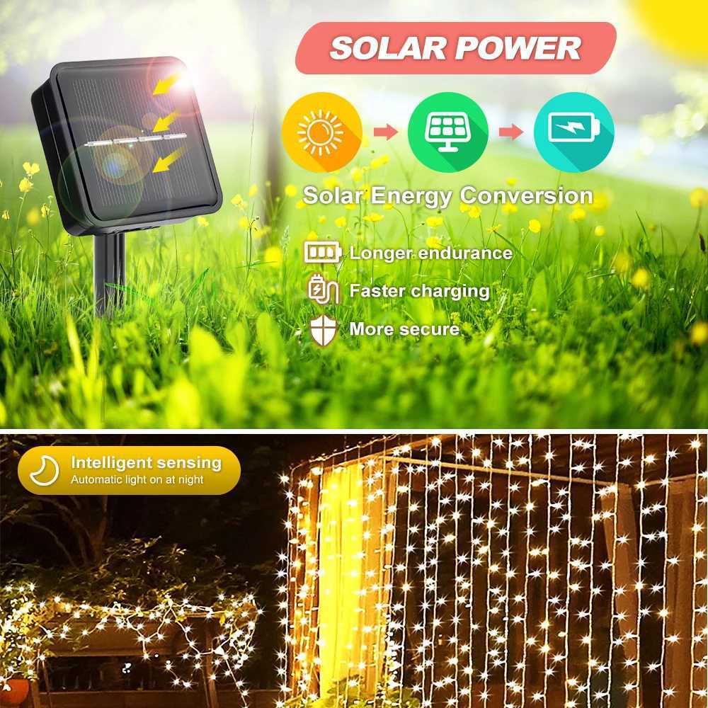 Solar Curtain Lights LED Solar Outdoor Waterproof Fairy lights With 8 Modes For Bedroom Window Patio Wedding Holiday Decorative XJ250612
