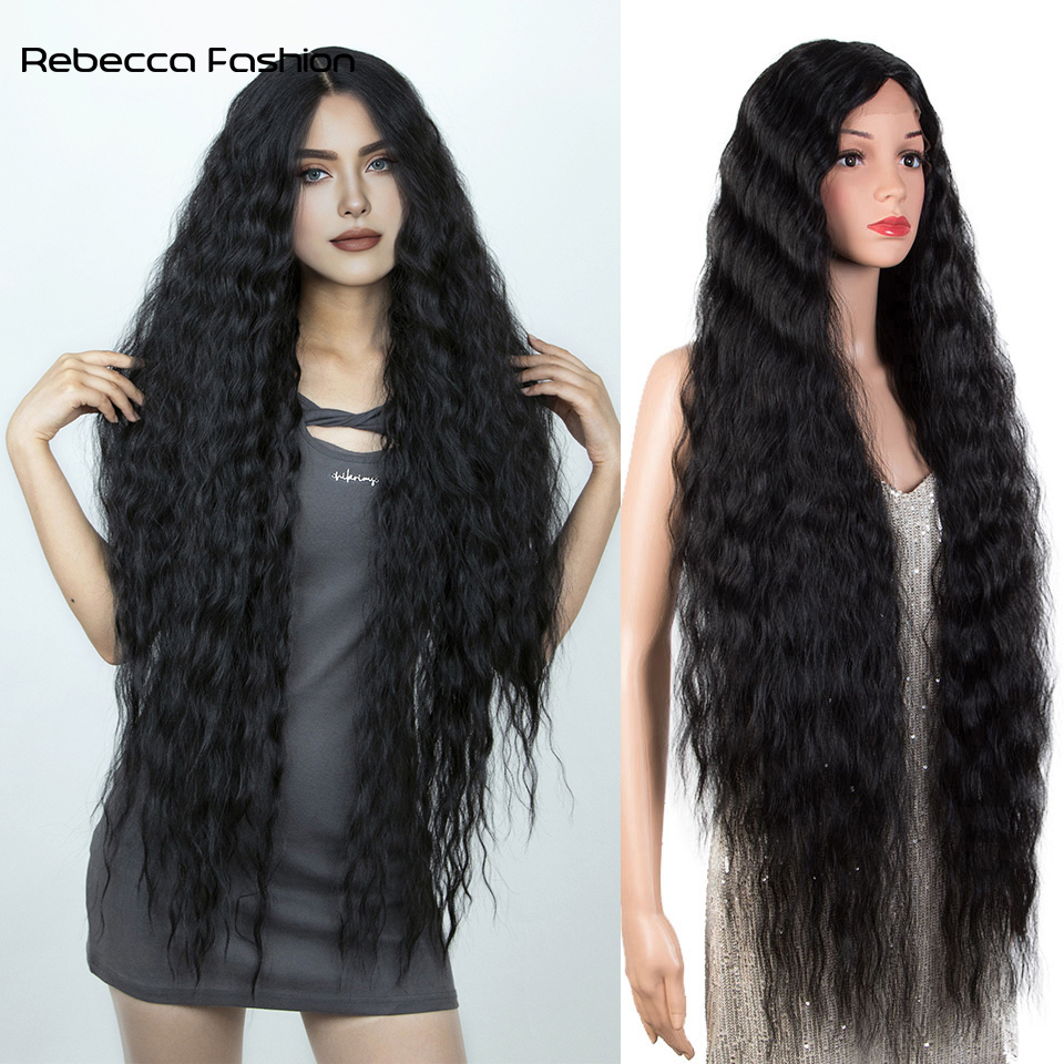 Rebecca Fashion 42 Inch Super Long Synthetic Lace Front Wigs For Black Women Long Curly Hair Cosplay Black Blonde Ombre Wig Heat Resistant Fiber