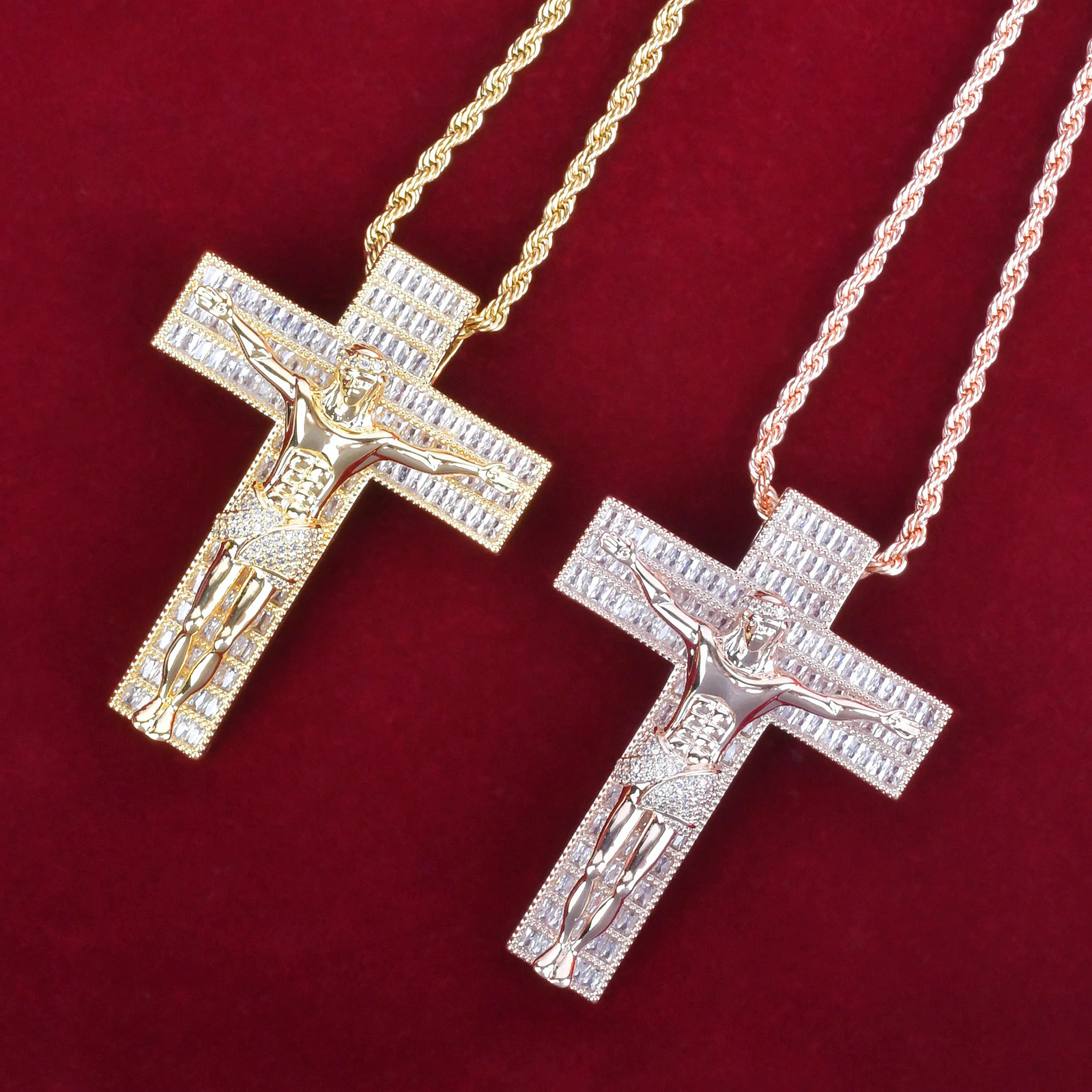 Baguette Cross Pendant for Male with Jesus Necklace AA Cubic Zirconia Hip Hop Rock Jewelry 250609