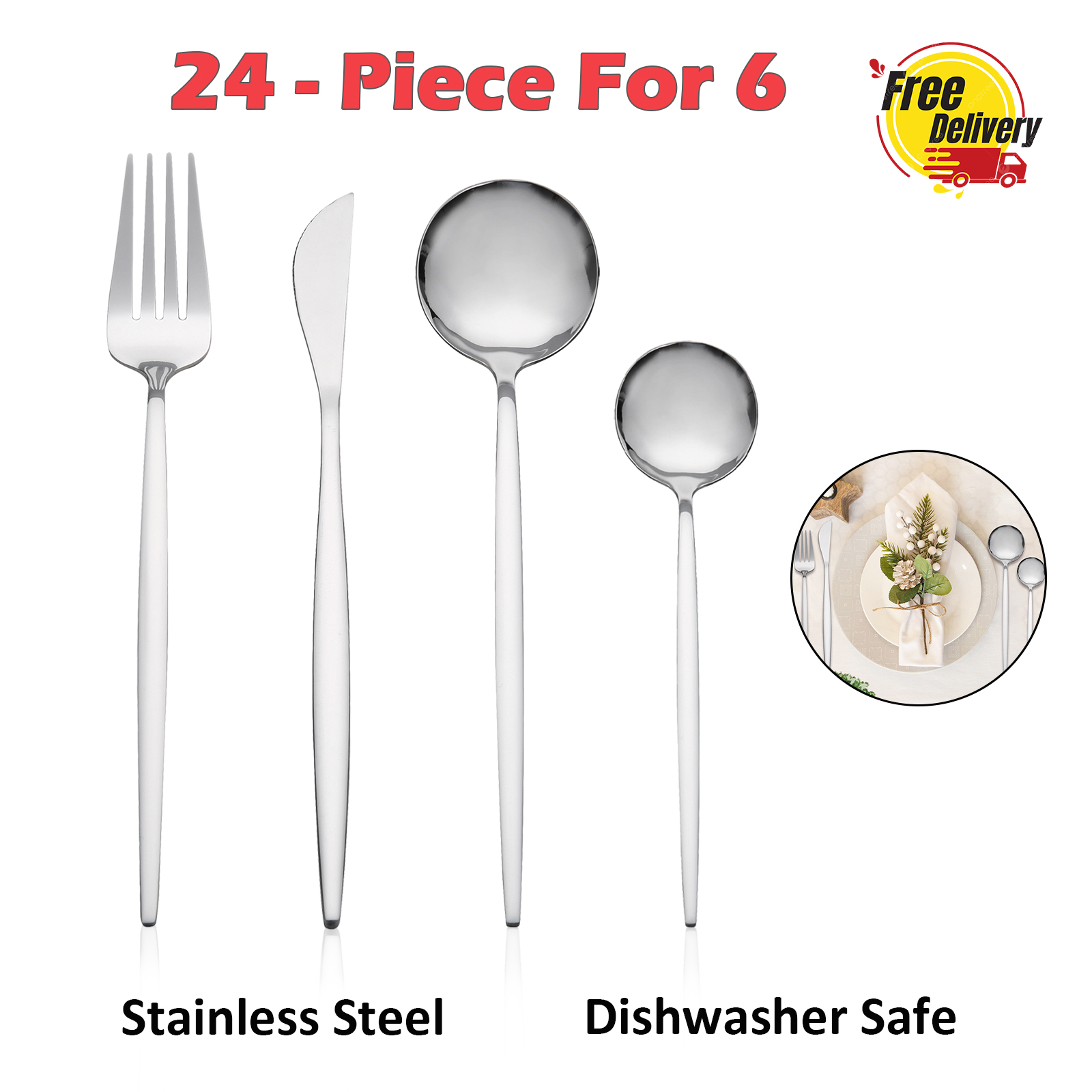 Neutral Pack 24pcs Stainless Steel Flatware Set Service for 6, Mirror Polish Cutlery (Ships from USA with free shipping) - Dishwasher Safe