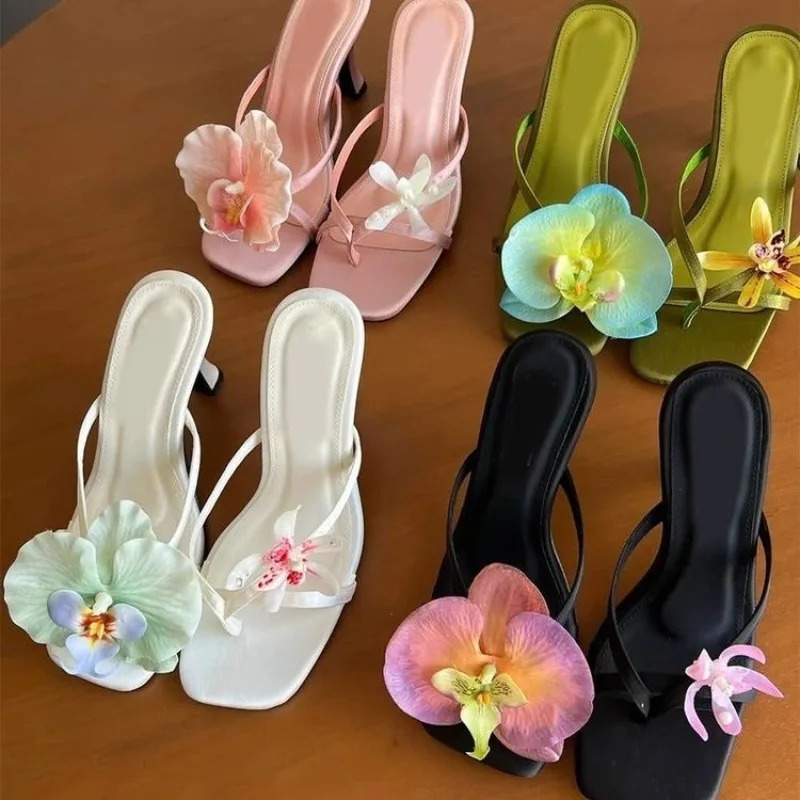 Moth Orchid Flip Flops Slippers Satin Asymmetric Square Toe Slip On Thin Heels Sandals Womens Elegant Outdoor Dress Shoes 250612