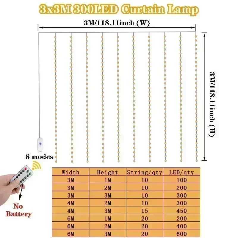 New Year 2025 USB Curtain String Fairy Lights 8 Modes 6/3M LED Christmas Garland Remote For Party Garden Home Wedding Decoration XJ250612