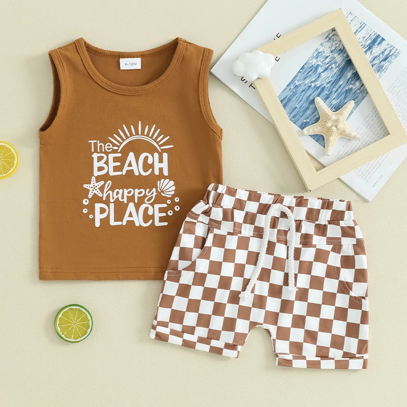Lioraitiin Toddler Boys Summer Outfits Letter Car Print Sleeveless Tank Tops and Checkerboard Elastic Waist Shorts Clothes Set 250613