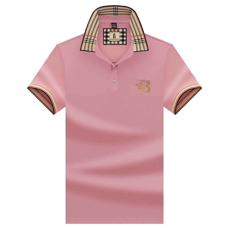 New embroidered solid-color checkered short-sleeved T-shirt for men's summer fashion business polo shirt