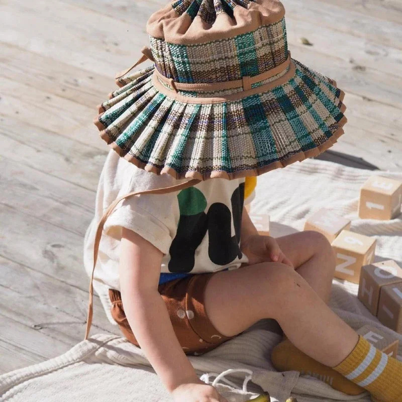 Parent-child Foldable Straw Hat Ins Hand-woven Panama Straw Hat Personality Plaid Bow Decoration Sunscreen Children Sun Hat 250611