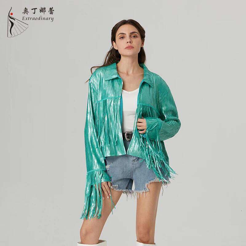 Fashion Mint green Fringe cool girl western cowboy matte Sequin Jacket
