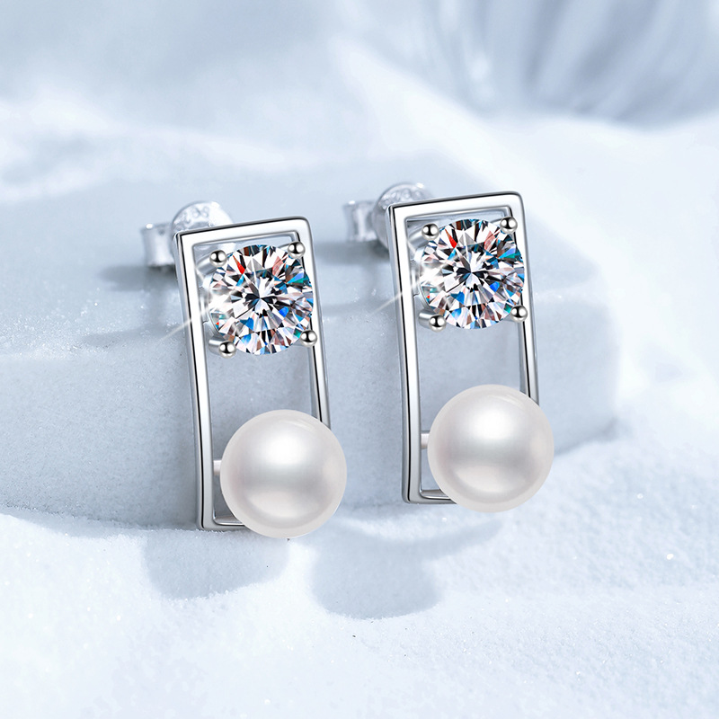 S925 Sterling Silver Stud Earrings, Women's Affordable Luxury French Geometric Moissanite Earrings, D-Color 1-Carat Studs, High-End European and 
