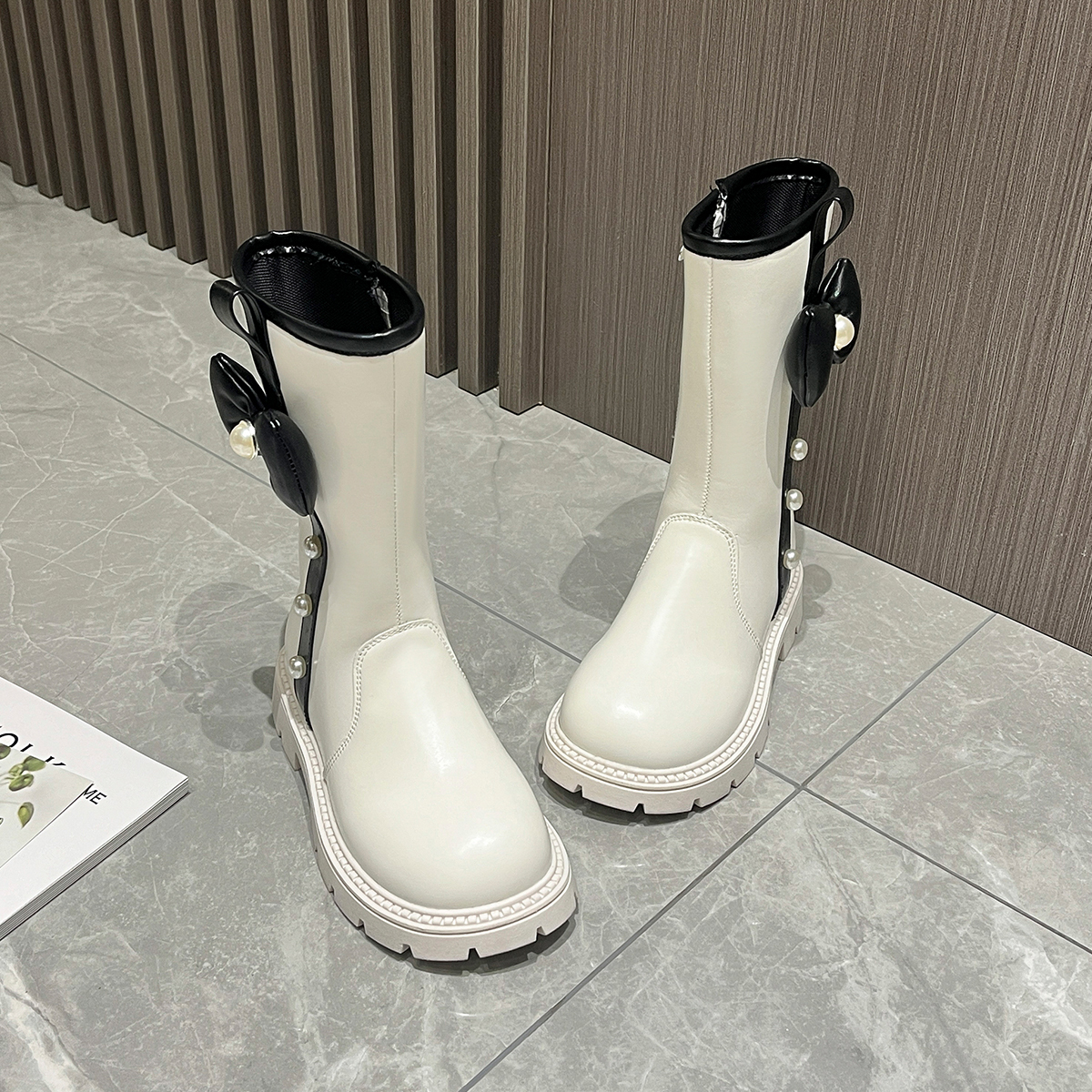 High-heeled boots with bow ties, fashionable princess boots