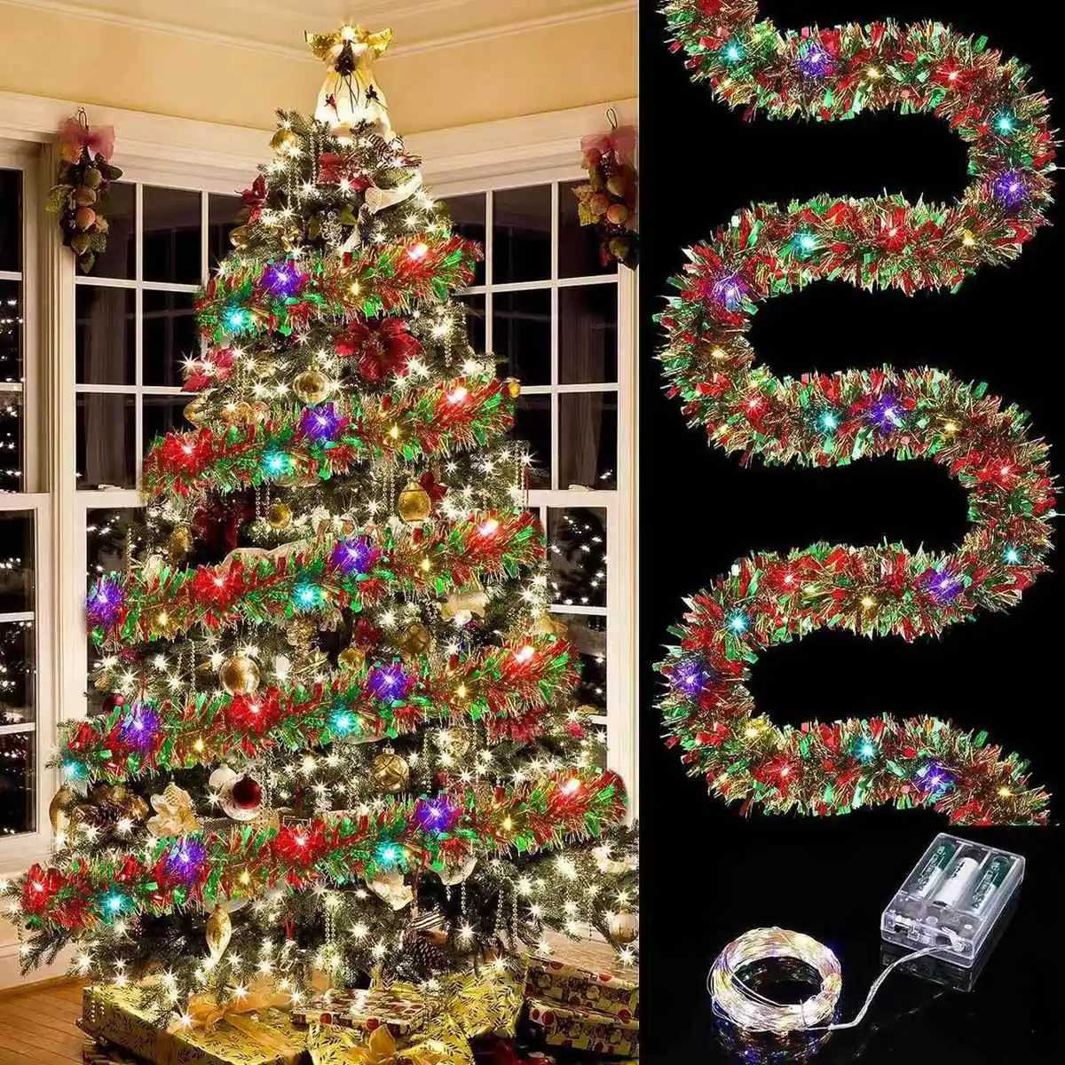 1pc Christmas Tinsel Garland Metallic Shiny Garland With LED Lights Christmas Tree Garland Thick Hanging Suitable For Home Decor XJ250612