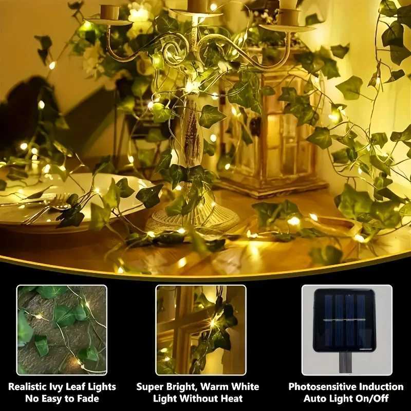 12m Solar Ivy String Lights LED Outdoor Artificial Vine Christmas Garland Fairy String Plant Lamp Maple Leaf Green Rattan String XJ250612