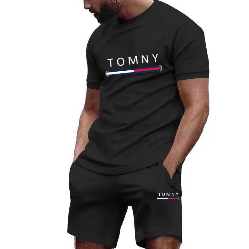 Outdoor Trendy Mens Suit Simple Letter Rose Patchwork Color Round Neck Short Sleeve Shorts Comfortable and breathable material W250613