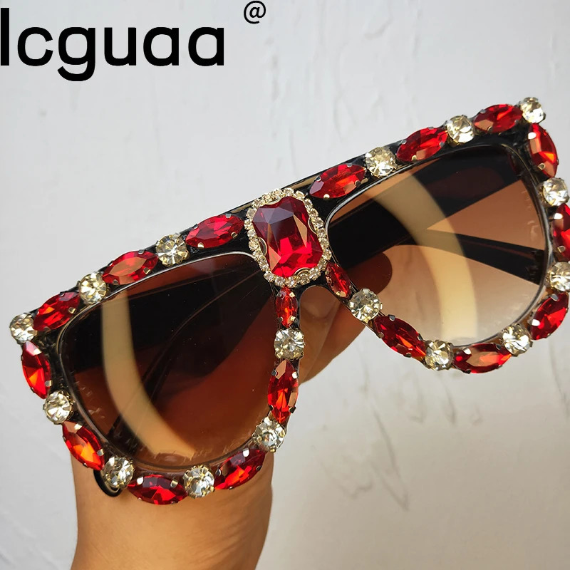 Oversized Red Rhinestone Sunglasse and Men Fashion Bling Sun Glasses Shades le tes de sol para mujer 250609
