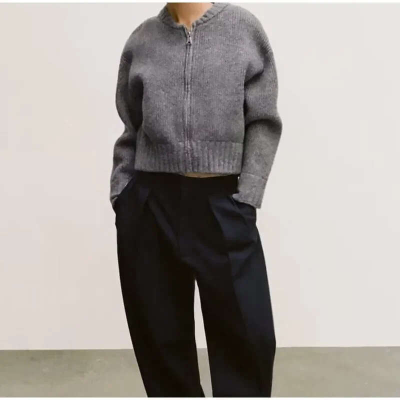 hoodie Women's Wear Autumn Winter New High Street Jacket Knitted Gray Fashion Zipper Round Neck Long Sleeve Women's Sweater jacket