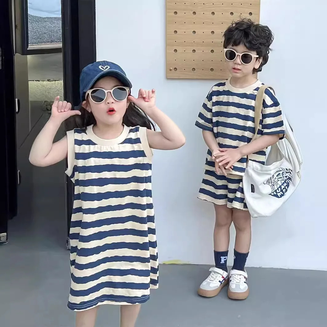 1pcs Summer Chldren Boy Stripe Short Sleeve TopsShorts Set Girl Sleeveless Vest Skirt Kids Toddler Fashion Leisure Clothes Set 250613