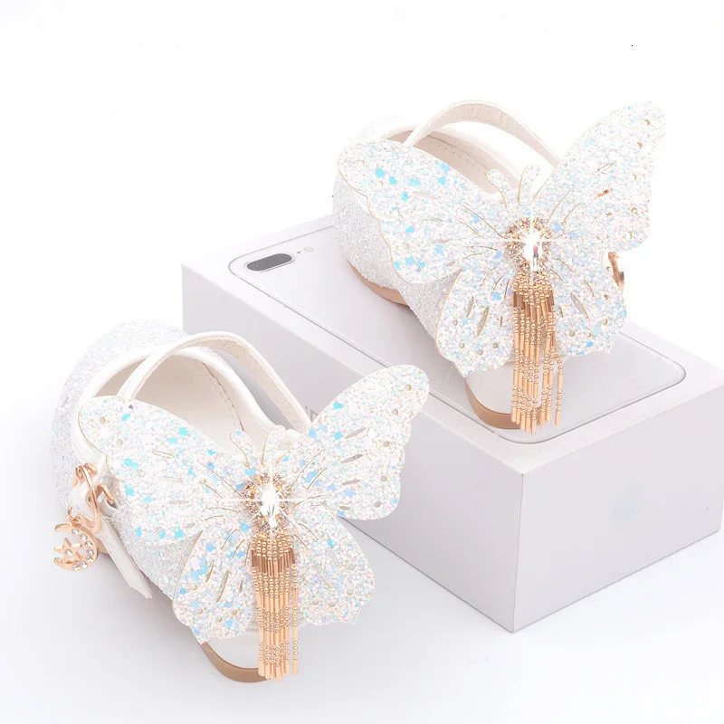 Kids Leather Shoes Fashion Fringed Butterfly Knot Girls Princess Shoes Casual Glitter Children High Heel Student Dance Shoes 250613