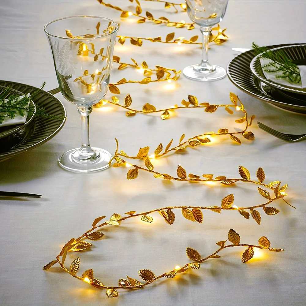 1Pcs 5M 50LED Golden Tiny Leaves Fairy Light Battery Powered LED Copper Wire String Lights For Wedding Home Party DIY Xmas Decor XJ250612