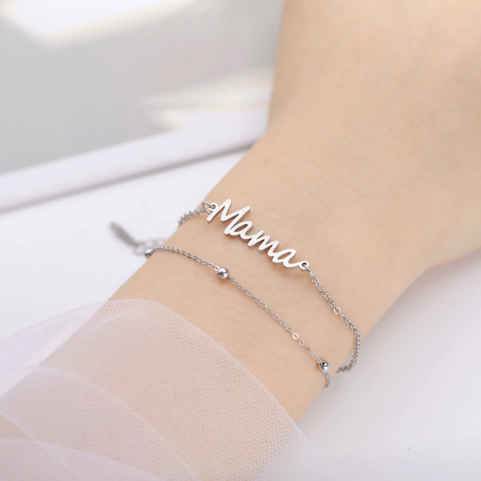 Letter Mama Charm Bracelet Men Women Stainless Steel Double Layer Beads Chain Bracelets Fashion Jewelry Mother Day Gift 250528