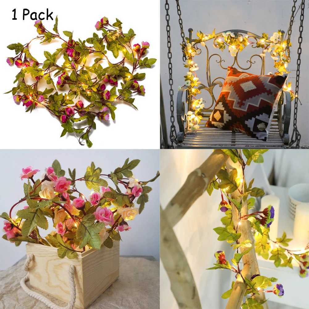 1pc Artificial Rose Garland String Light 2M/ 20 LED Silk Flowers Rose Vine Fairy Light String Battery Powered DIY Hanging Lamp XJ250612