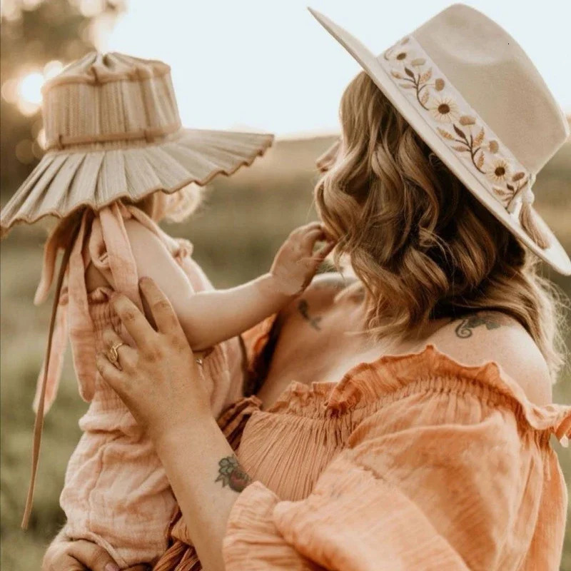 Parent-child Foldable Straw Hat Ins Hand-woven Panama Straw Hat Personality Plaid Bow Decoration Sunscreen Children Sun Hat 250611