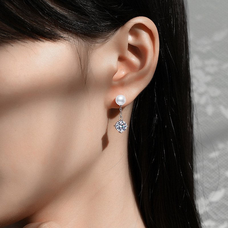 S925 Sterling Silver Stud Earrings, Natural Freshwater Pearls with 1-Carat Moissanite, Classic Four-Prong Design, High-End Earrings for Women, Wholesa