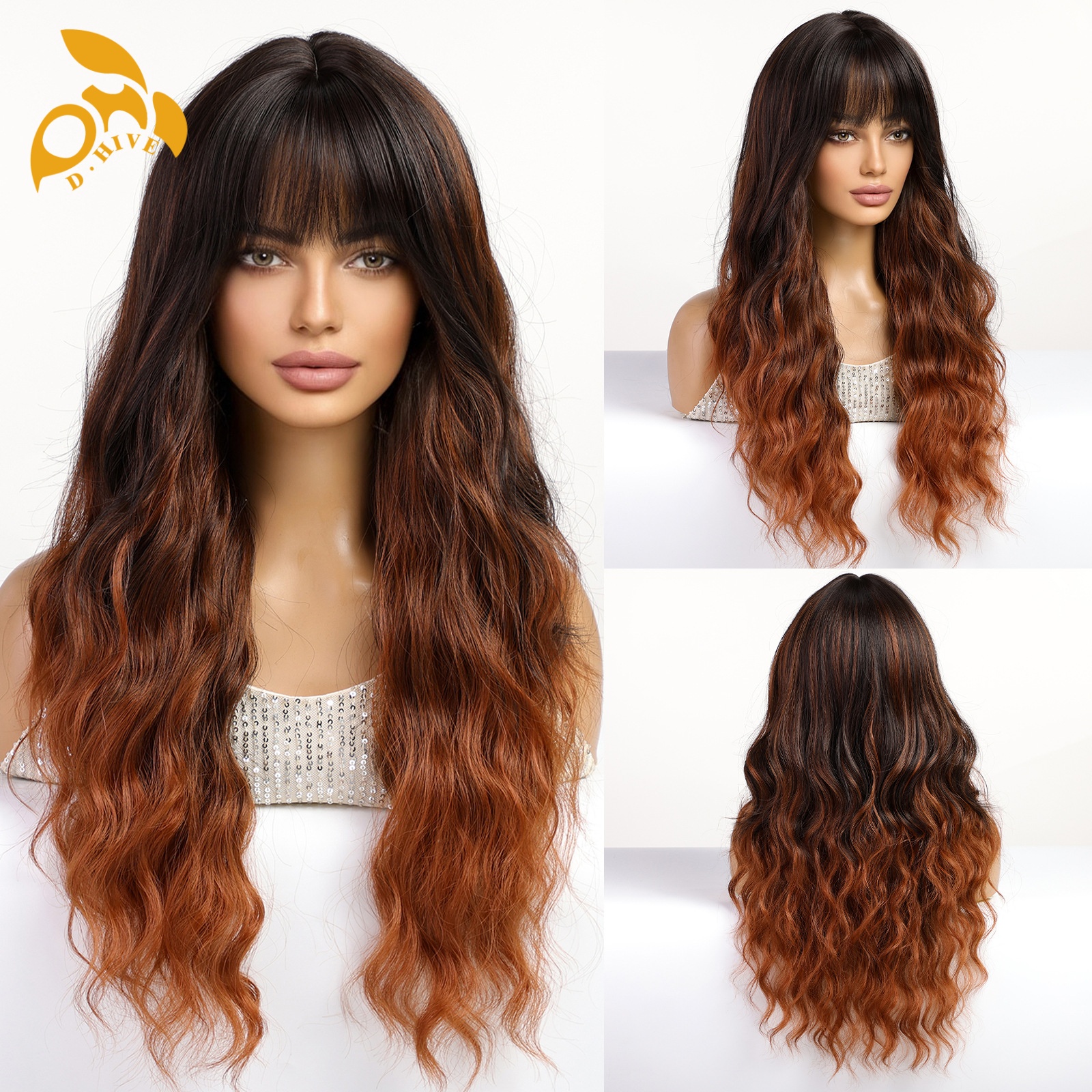 Free shipping Hair Wigs for womans wigs human hair large wave bang long curly hairfull head set women's wig color black pink brown