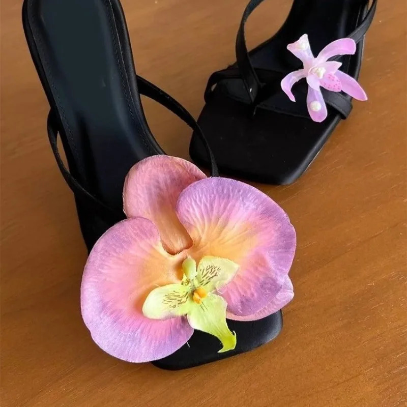 Moth Orchid Flip Flops Slippers Satin Asymmetric Square Toe Slip On Thin Heels Sandals Womens Elegant Outdoor Dress Shoes 250612