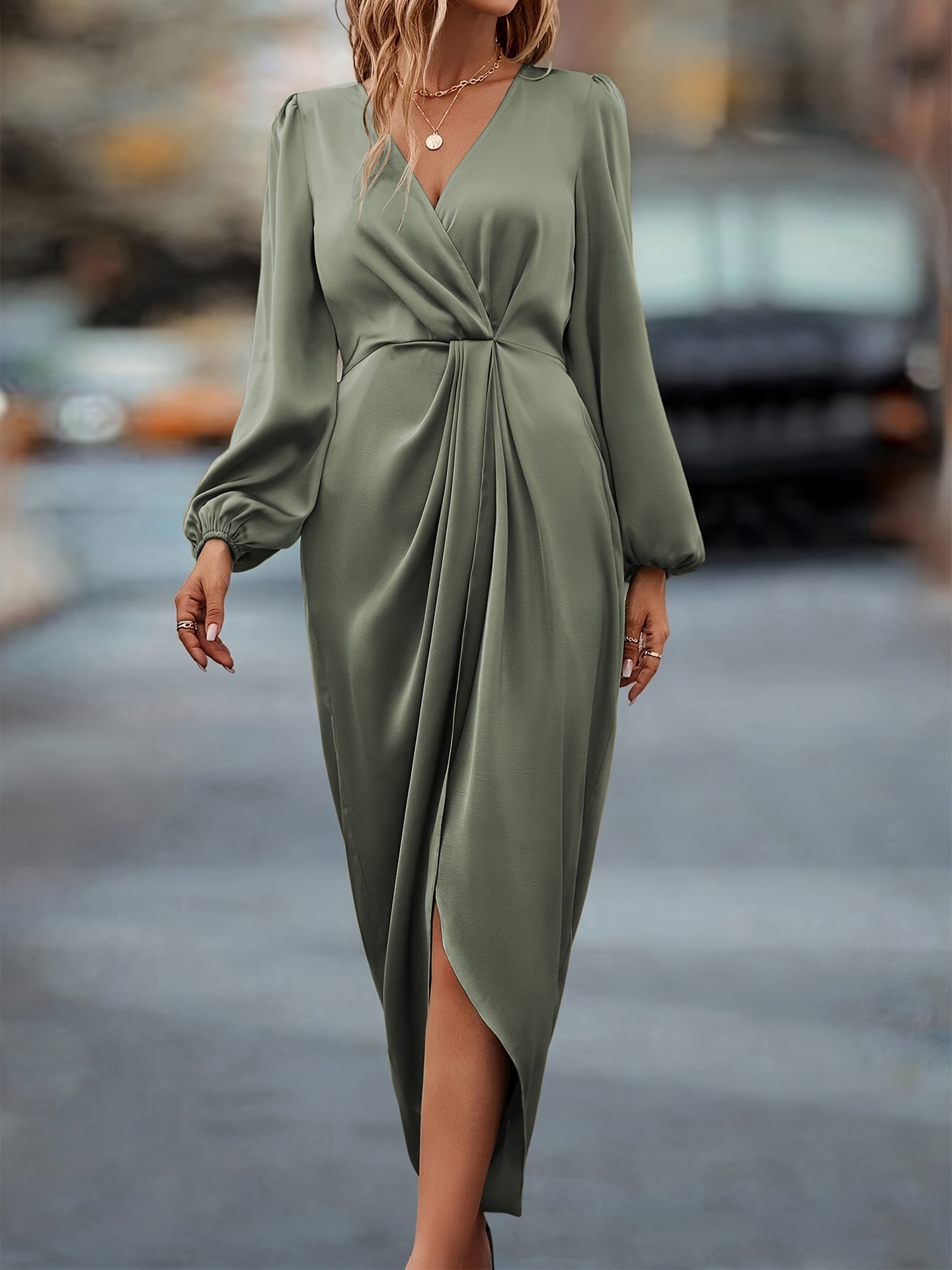 K209New elegant cross collar pleated slit puff sleeve irregular long sleeve dress women's skirt