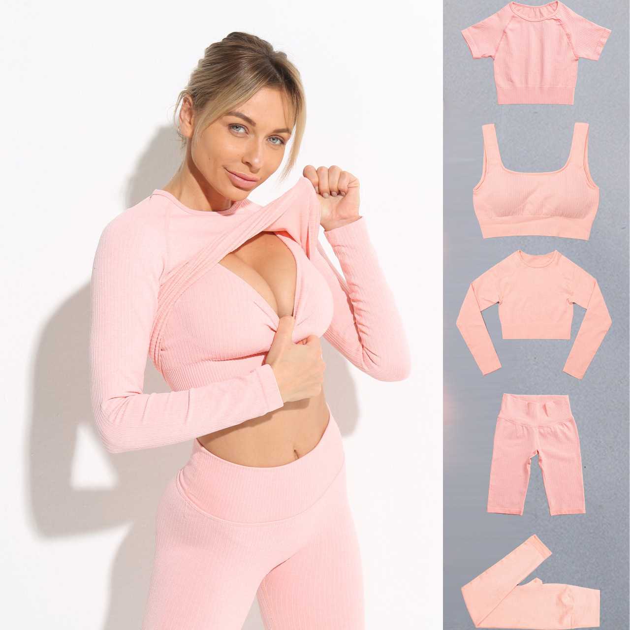Hua'er Yuan European and American large size spring and summer seamless knitted yoga clothes long sleeves high waist hip lift fitness sports suit