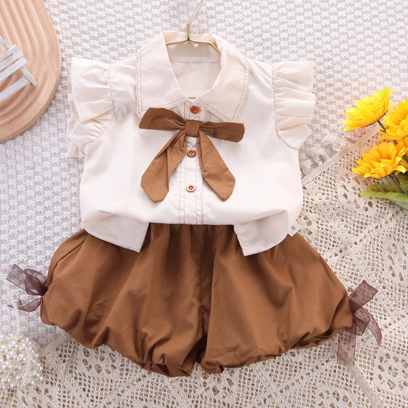 1Set Summer Childrens Suit Girls Cute Short Sleeve Bow Shirt Shorts Sets Kids Casual Outfit Baby Princess Fashion Clothing 250613