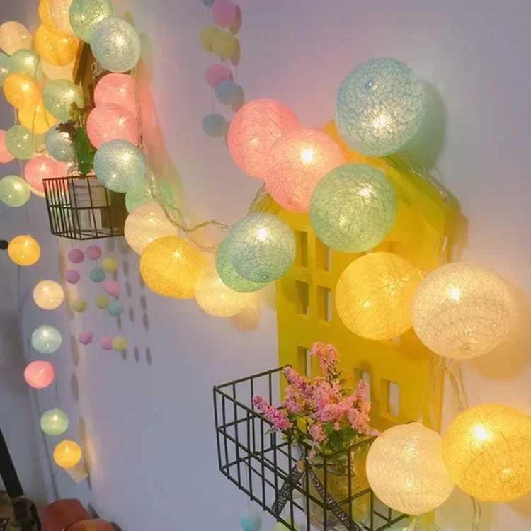 Wedding Fairy Garland 4CM LED Cotton Thread Ball String Lights Christmas Decoration 2025 Outdoor Garden New Year Bedroom Decor XJ250612