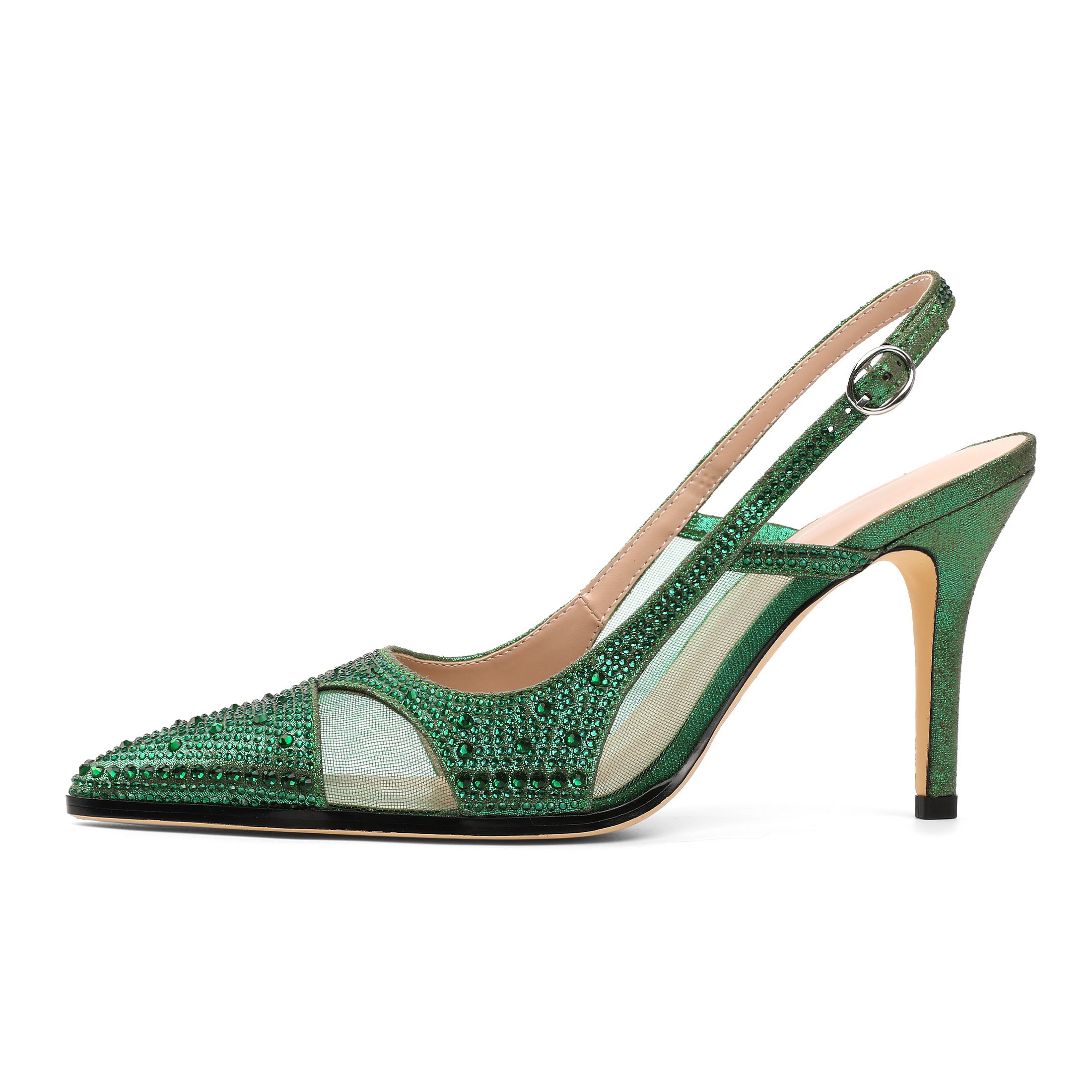Zamikoo Women Rhinestone Slingback Pumps 3.5 inches Slingback Heels Mesh cut out Sexy Pointed Toe Stilettos Heels Fashion Party Night