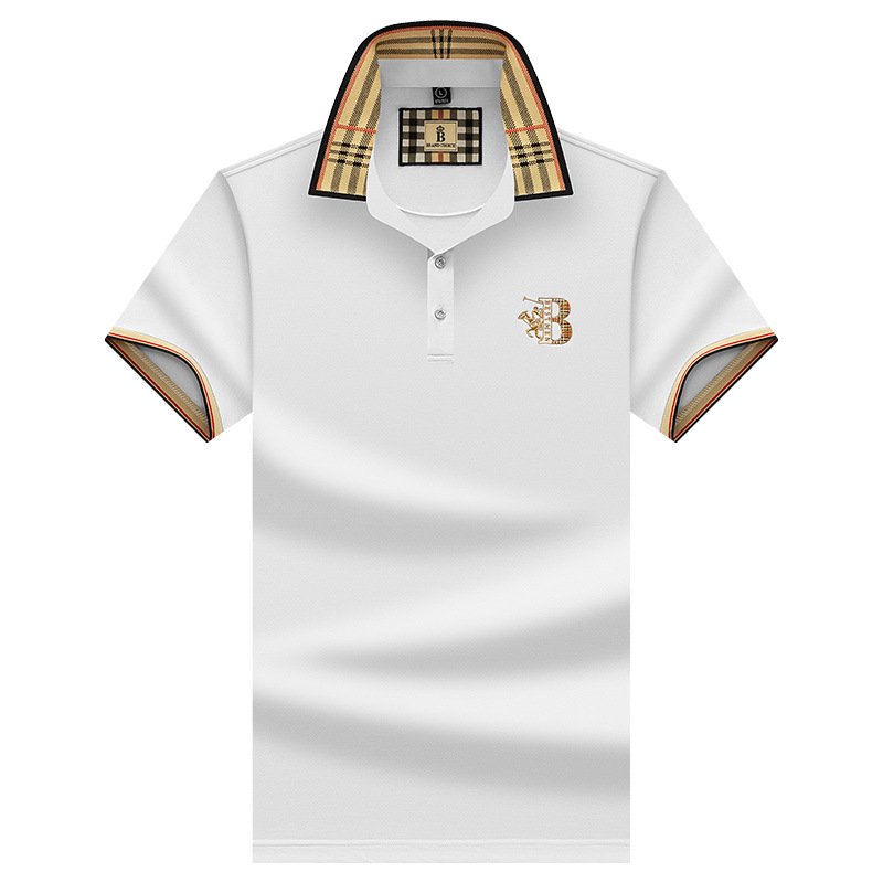 New embroidered solid-color checkered short-sleeved T-shirt for men's summer fashion business polo shirt