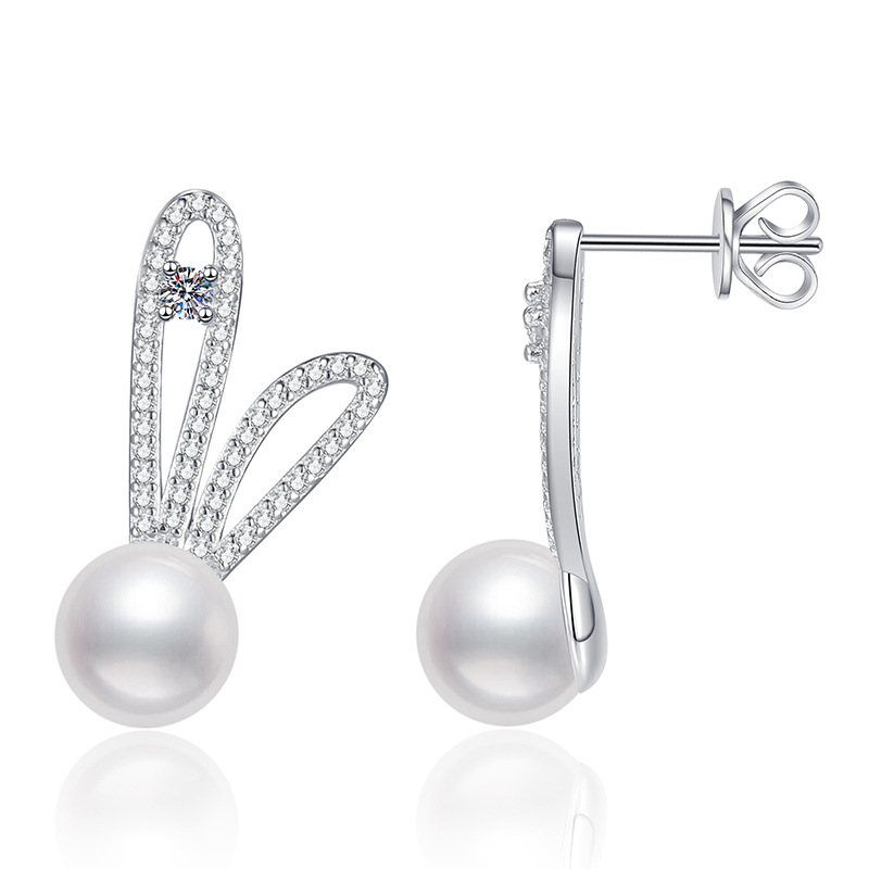 S925 Sterling Silver Earrings, Freshwater Pearl Stud Earrings, Women's Moissanite Studs, Fashion Bunny Earrings, Versatile High-End Earrings