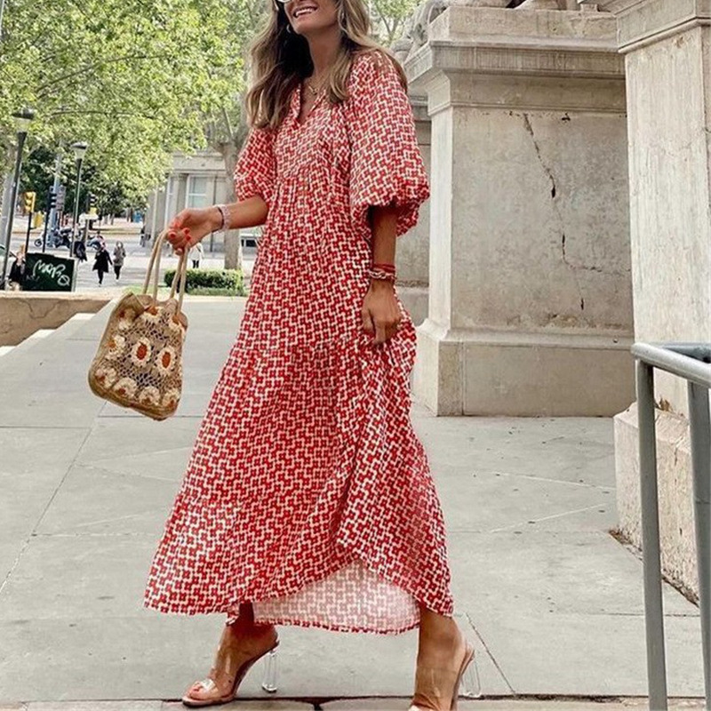 Women's Plus Size Long Bohemian Maxi Dress - Cotton V-Neck Loose Beach Dress, Casual Elegant Vestidos, Summer Flowy Robe