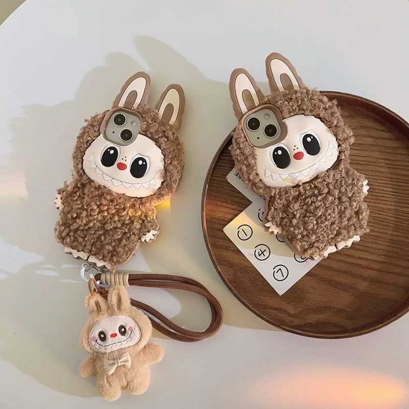 Kaii Brown Curly Hair Labubu iPhone Soft Silicone Anime Shockproof Bring A Hanging Rope Doll Case for 13 14 15 16 Pro Max Free shipping