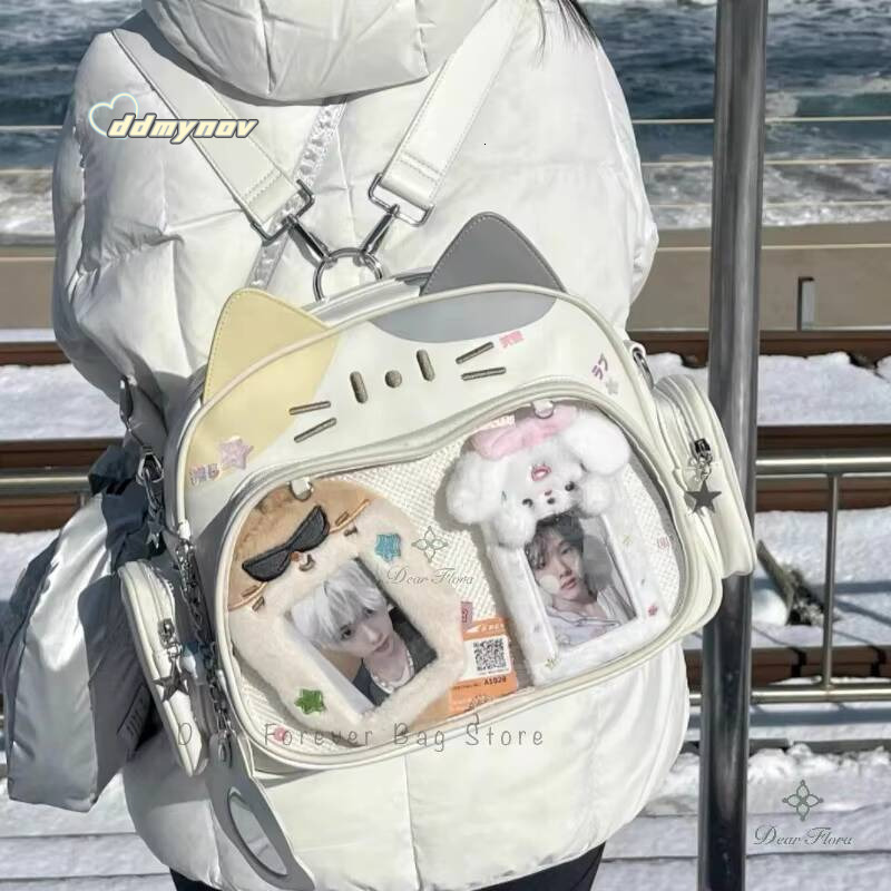 New Y2K Korean Kawaii Cat Ita Cute PU Shoulder Girls Transparent Pocket Harajuku Crossbody Bag Women's Fashion Backpacks ddmynov