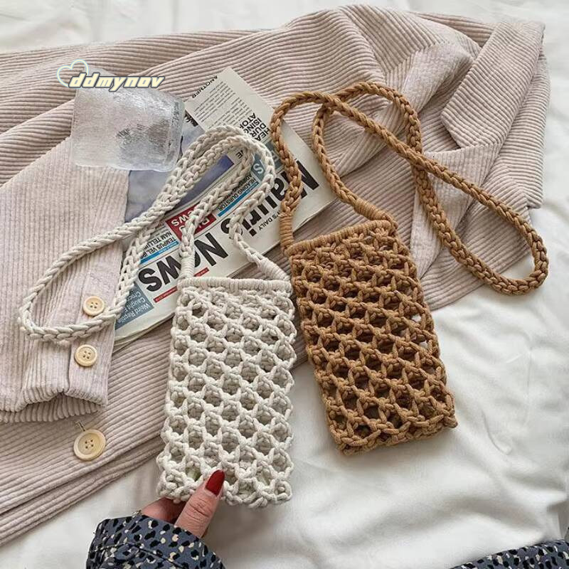 Women Fashion Small Phone Bag Solid Color Hollow-out Woven Crochet Lightweight Braided Shoulder Handbag Crossbody Bags ddmynov