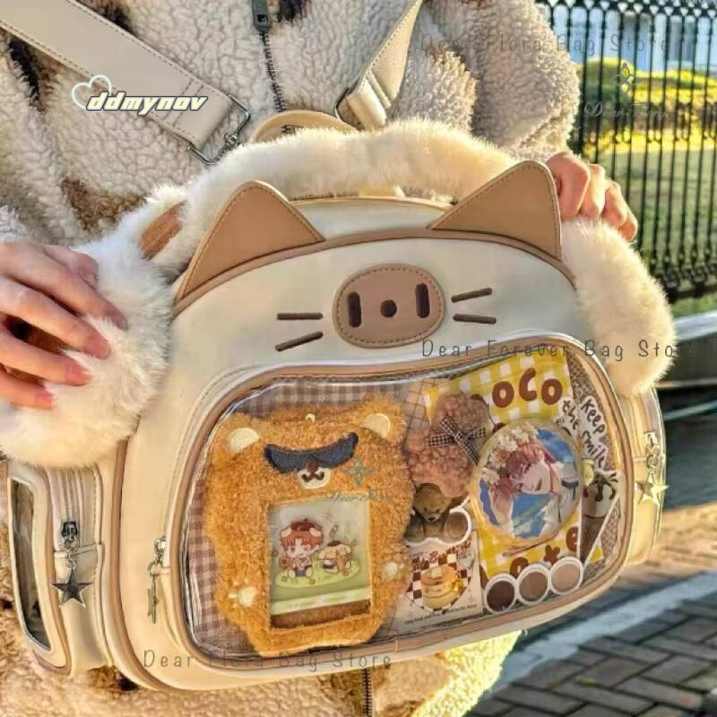 New Y2K Korean Kawaii Cat Ita Cute PU Shoulder Girls Transparent Pocket Harajuku Crossbody Bag Women's Fashion Backpacks ddmynov