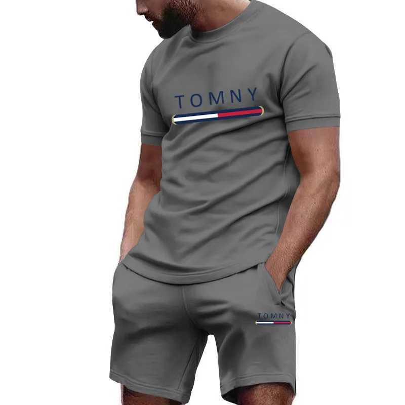 Outdoor Trendy Mens Suit Simple Letter Rose Patchwork Color Round Neck Short Sleeve Shorts Comfortable and breathable material W250613