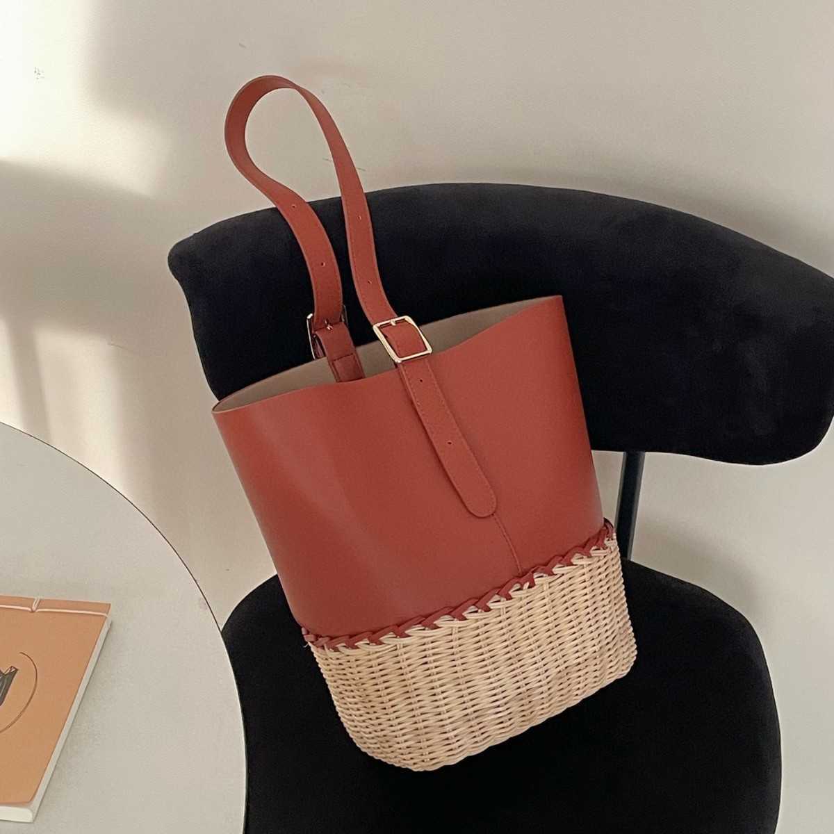 Summer New Beach Vacation Style Patchwork Handwoven Wicker Versatile Large Capacity Bucket Bag 250615