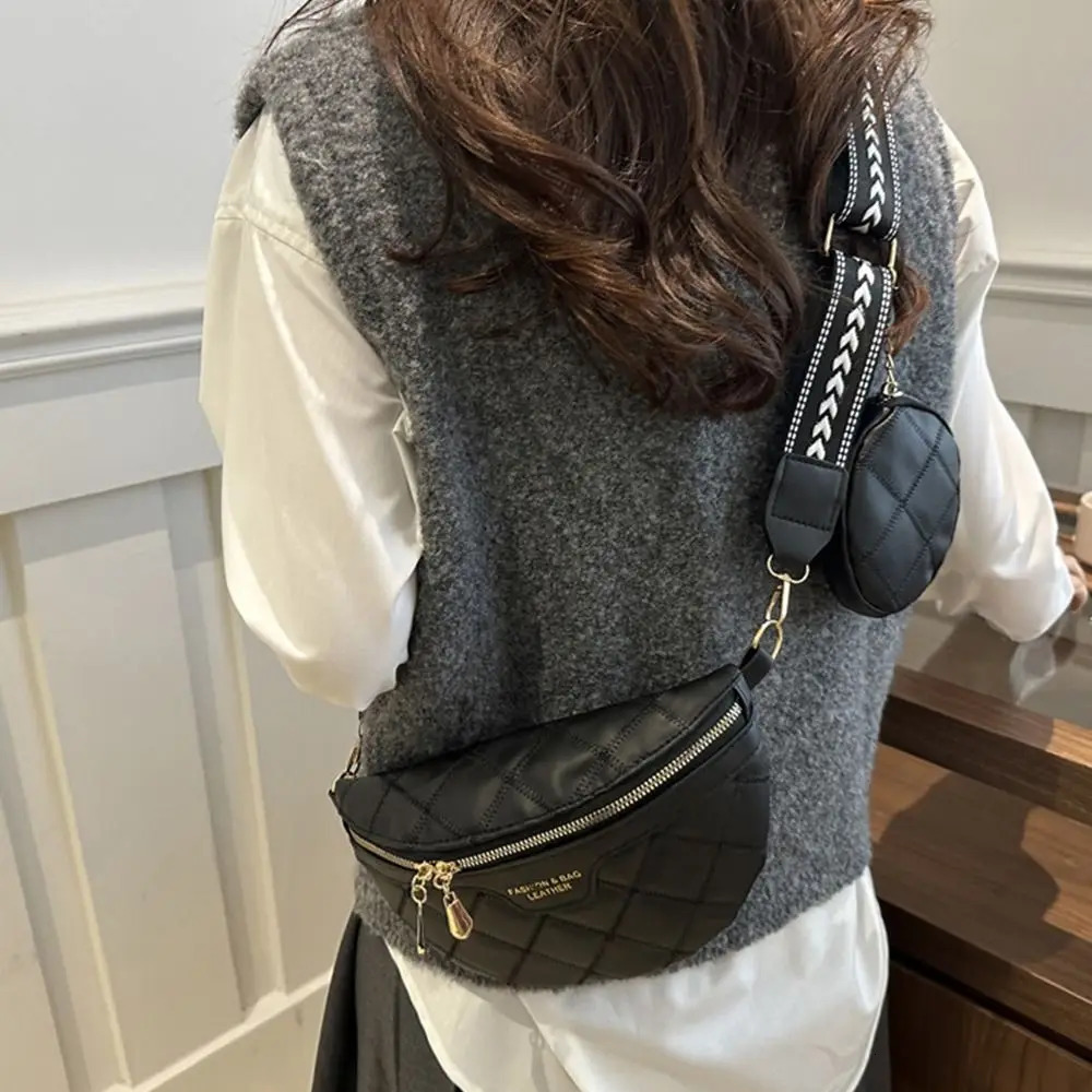 PU Leather Crossbody Chest Bag Stylish Chain Zipper Wide Strap Shoulder Bag Woven Lattice Pattern Waist Belt Bags For Women 250612