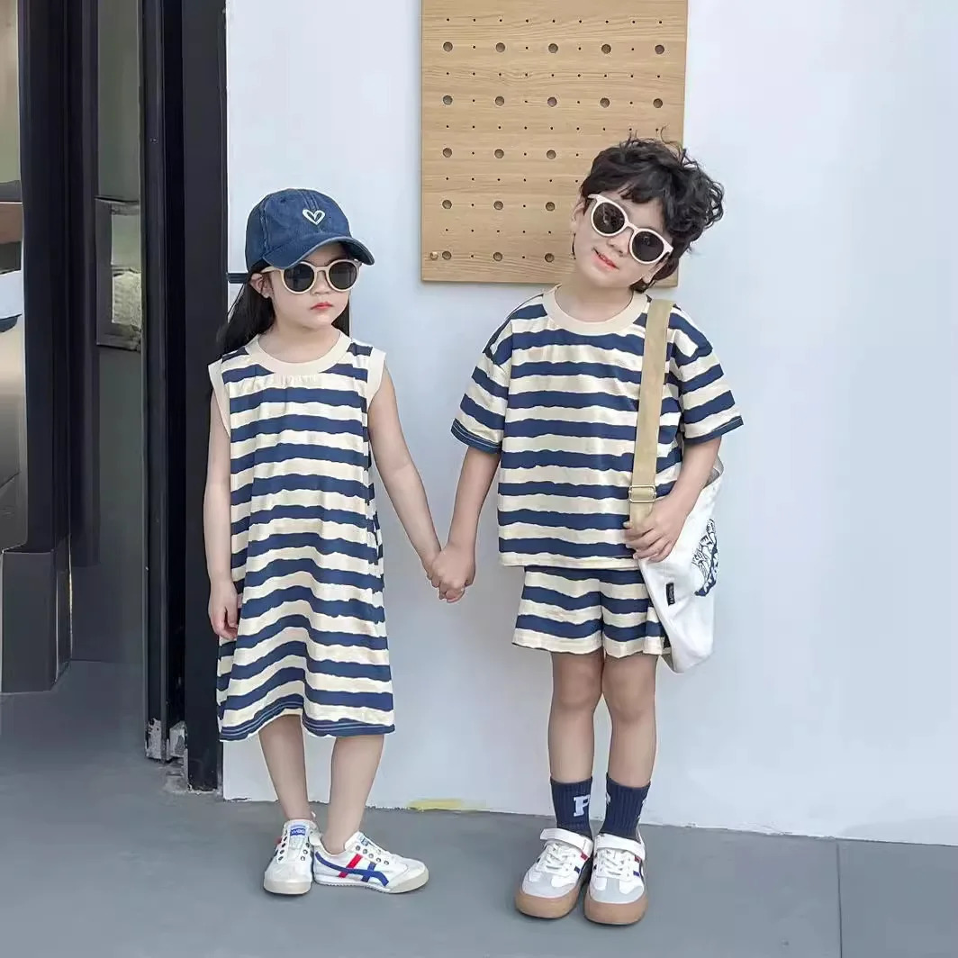 1pcs Summer Chldren Boy Stripe Short Sleeve TopsShorts Set Girl Sleeveless Vest Skirt Kids Toddler Fashion Leisure Clothes Set 250613