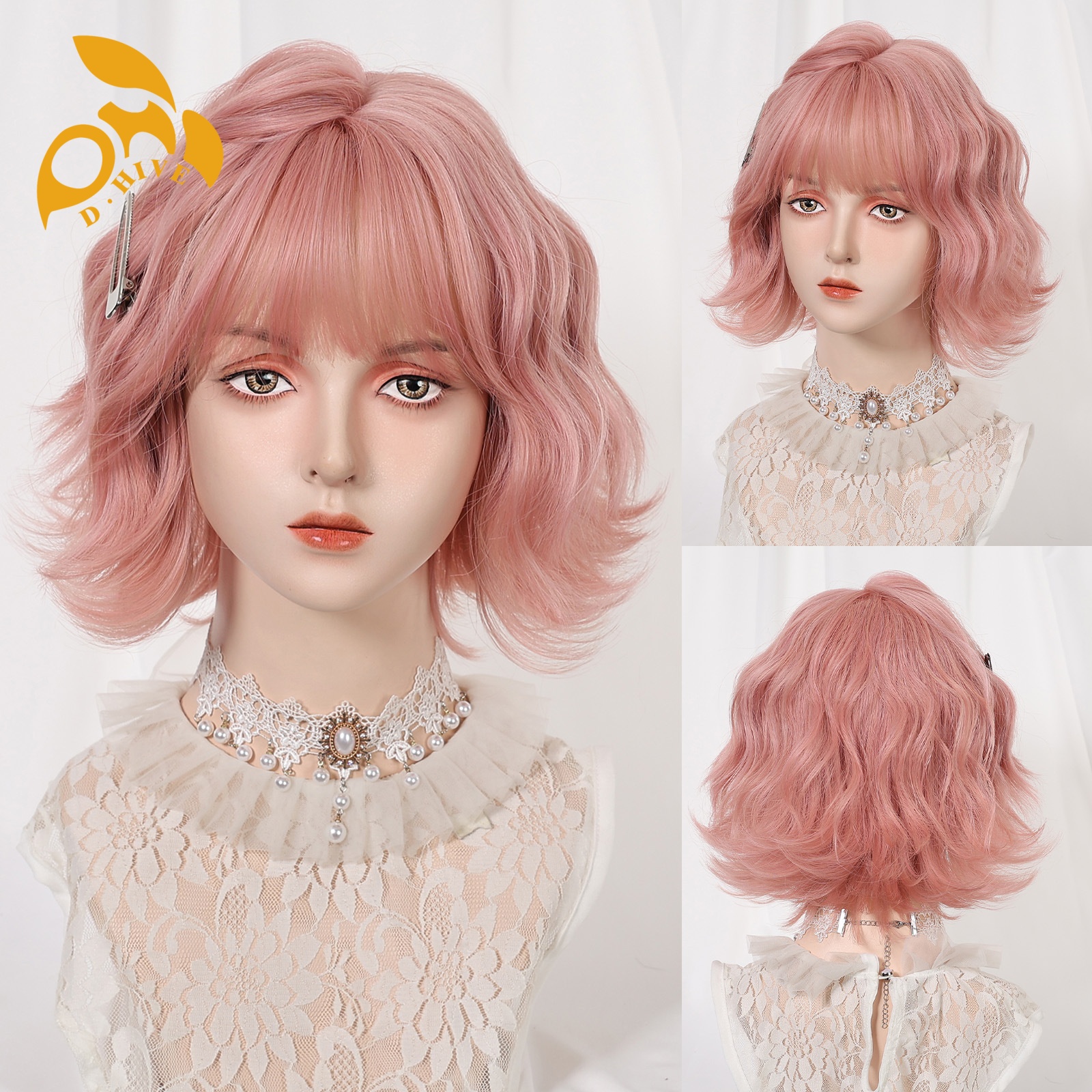 Free shipping Hair Wigs for womans wigs human hair large wave bang curly hairfull head set women's wig color pink brown Light gold