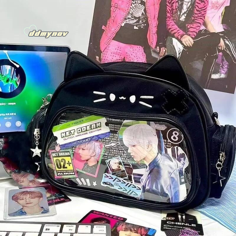 New Y2K Korean Kawaii Cat Ita Cute PU Shoulder Girls Transparent Pocket Harajuku Crossbody Bag Women's Fashion Backpacks ddmynov