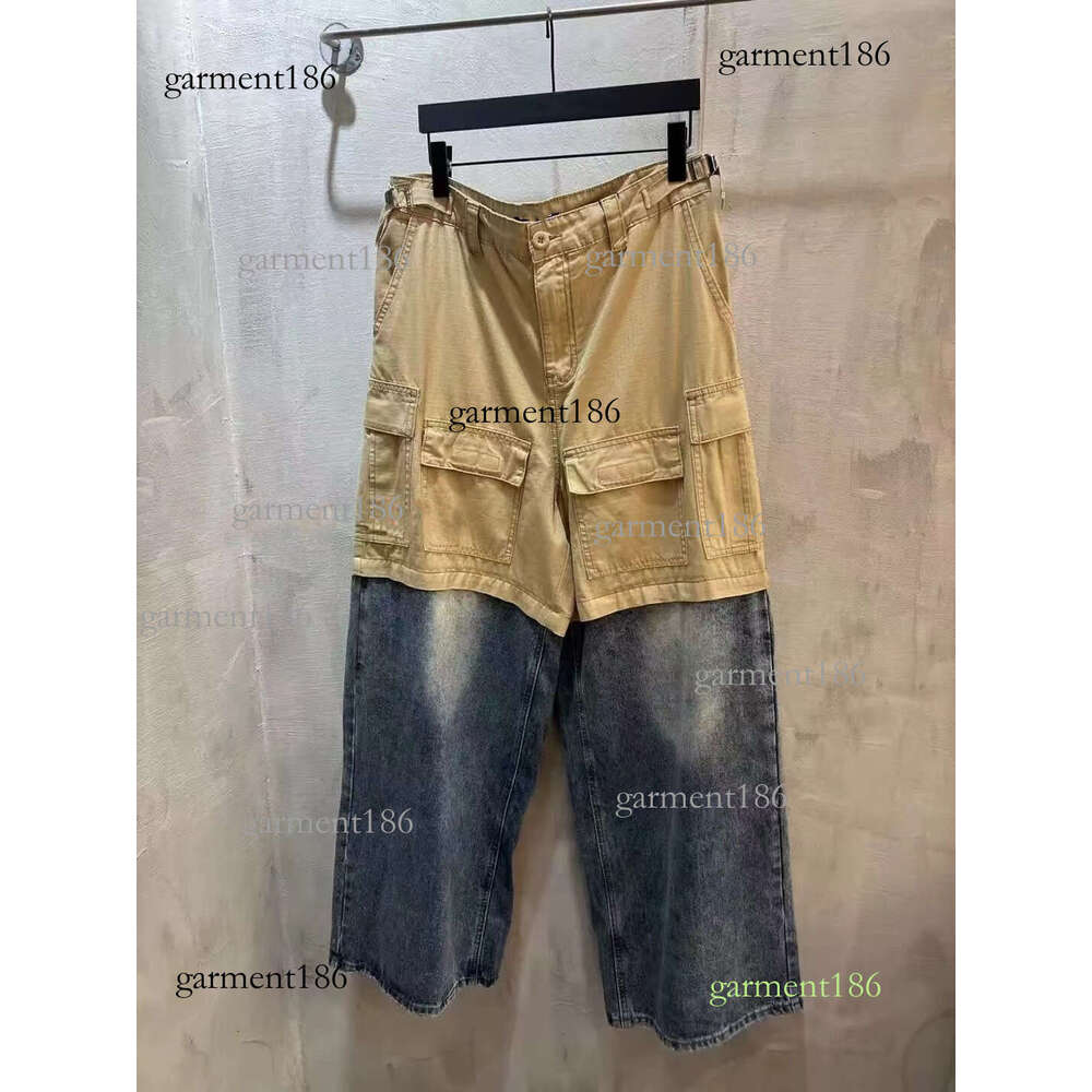 Designer Denim Trousers Loose Fit Straight Leg Trousers Multi-Pocket Crafted Splicing washed men's and women's couple pants 175