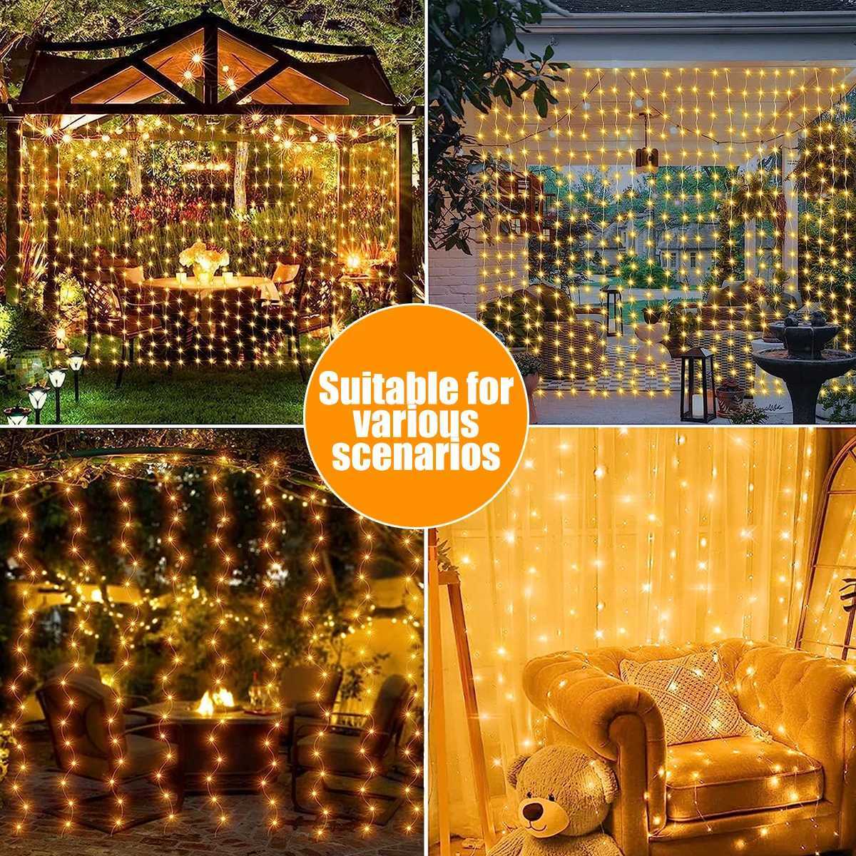 1 Pack 300 LED Solar Curtain Light Outdoor 8 Modes Fairy Lights IP44 Waterproof Garden Wall Christmas Decor 9.8Ftx9.8FtXJ250612
