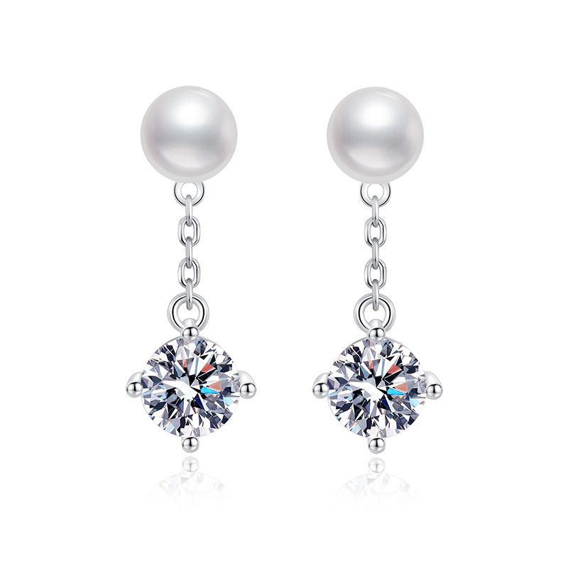 S925 Sterling Silver Stud Earrings, Natural Freshwater Pearls with 1-Carat Moissanite, Classic Four-Prong Design, High-End Earrings for Women, Wholesa