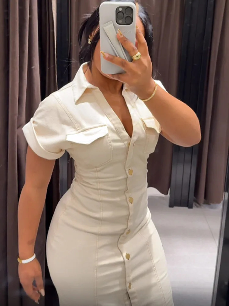 Chic White Lapel Denim Long Dress Women Casual Single Breasted Short Sleeve Slim Maxi Dresses Lady Summer Commute Robes 250612