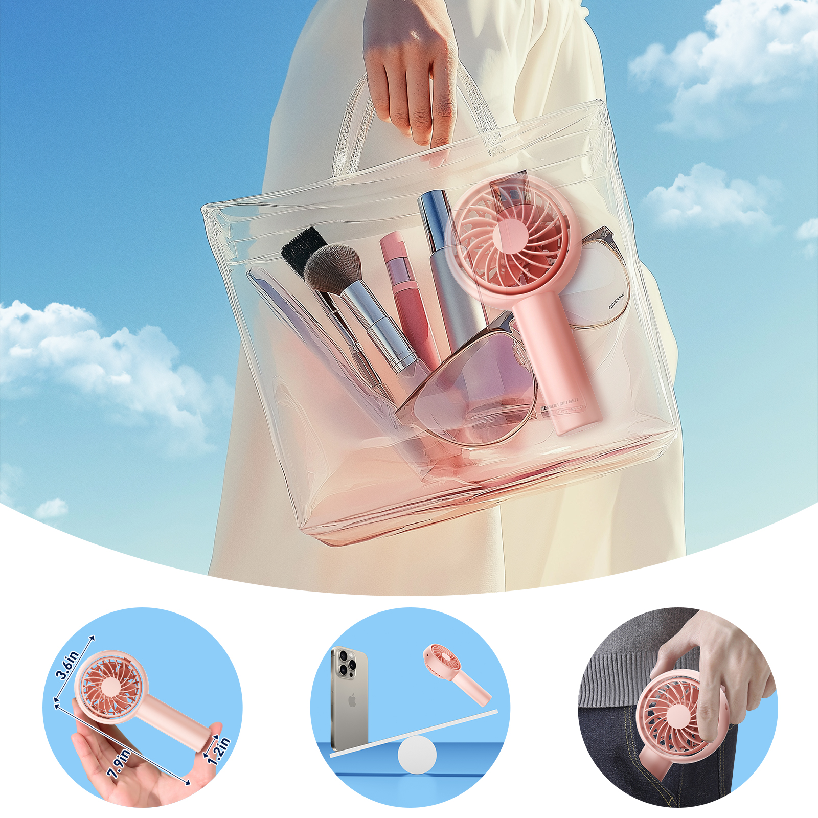 Compact Silent Portable Hand Held Fan with Vertical Rotation Feature