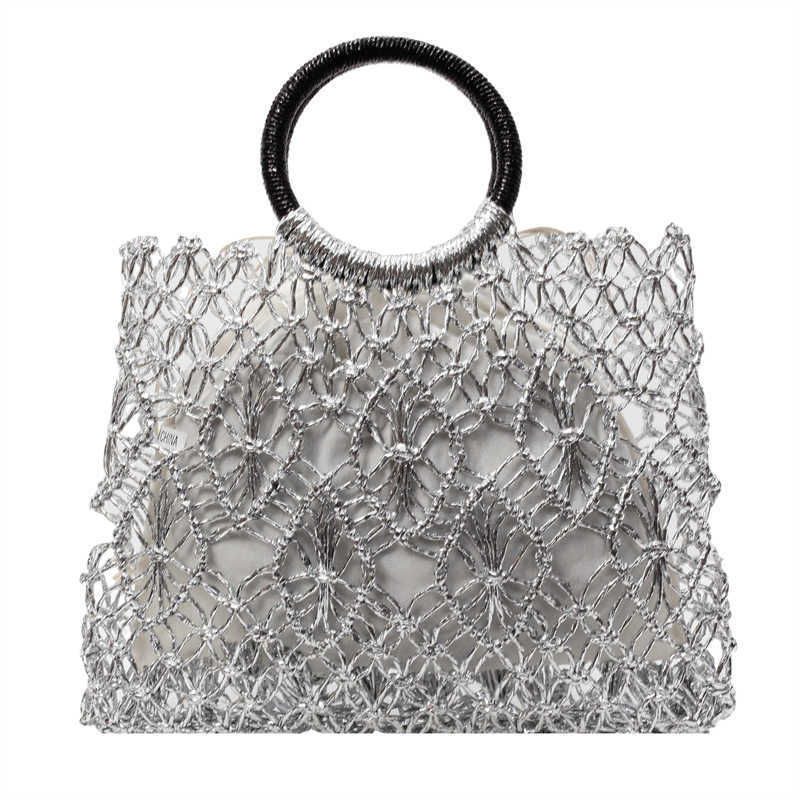 Gold and Silver Thread Shiny Rope Mesh Hollow Woven Bag Mori Style Large Capacity Handbag Tote Summer Beach Women's Bag 250615